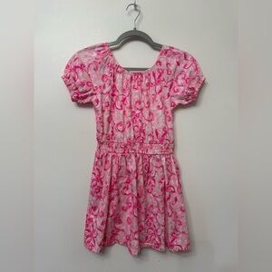 Lilly Pulitzer Girls Wyndmoor Dress in Conch Shell Pink Flamingo Garden Print